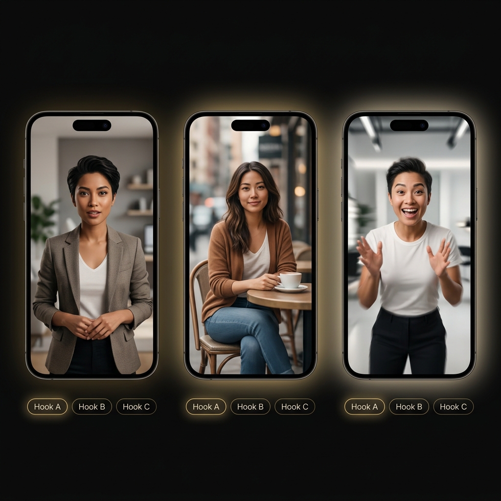 Three smartphone screens showing AI avatar UGC variations